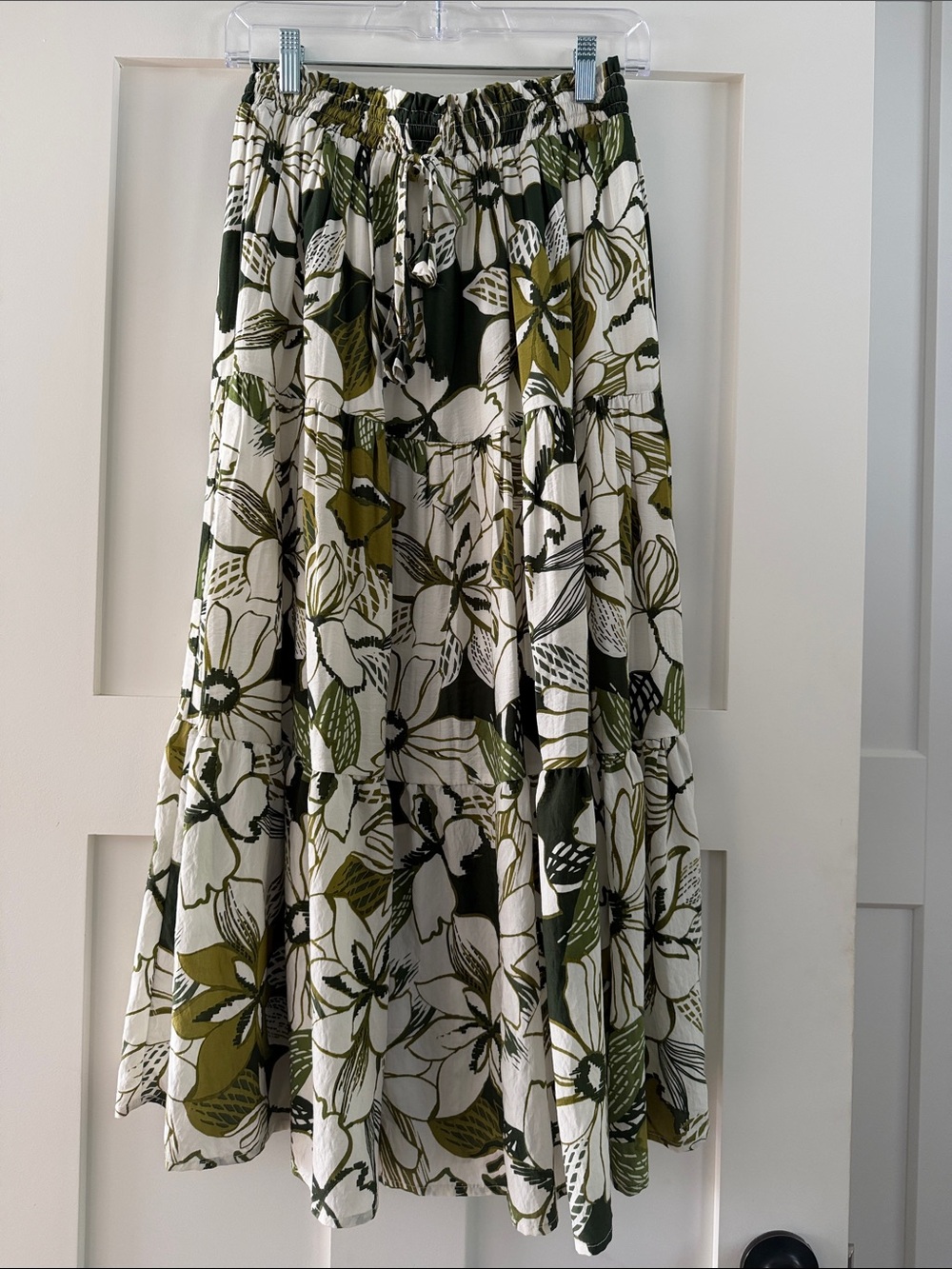 Dress Forum Olive, Black & White Floral Tiered Maxi Skirt with Drawstring